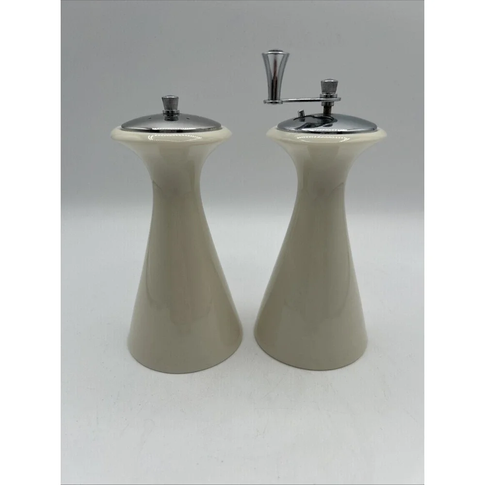 Lenox Salt Shaker and Pepper Mill Set Cream Floral Chrome Top Mid Century Modern